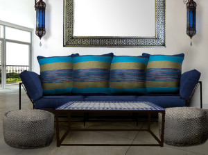 Bespoke Sofa, Moroccan Mosaic Coffee Table 60cm stripe cushions